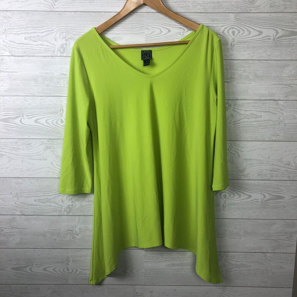 Clara Sun Woo Women's Large V Neck Tunic Shirt Asymmetrical Hem 3/4 Sleeve Green